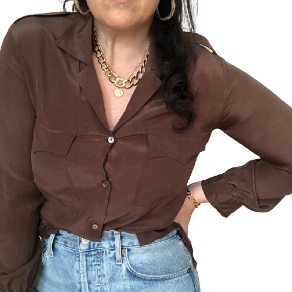 Vintage 100% Silk Button Up Safari Blouse Front Pockets Carole Little St Tropez - Picture 4 of 16